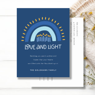 Simple Blue Rainbow Candles Love & Light Hanukkah Holiday Postcard