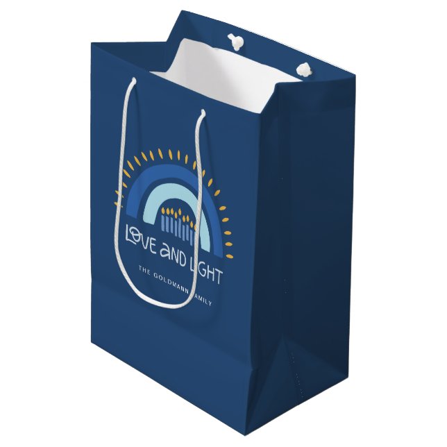 Simple Blue Rainbow Candles Love & Light Hanukkah Medium Gift Bag (Front Angled)