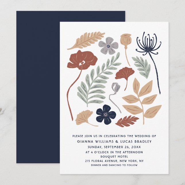 Simple Blue Redwood Flowers Floral Modern Wedding Invitation (Front/Back)