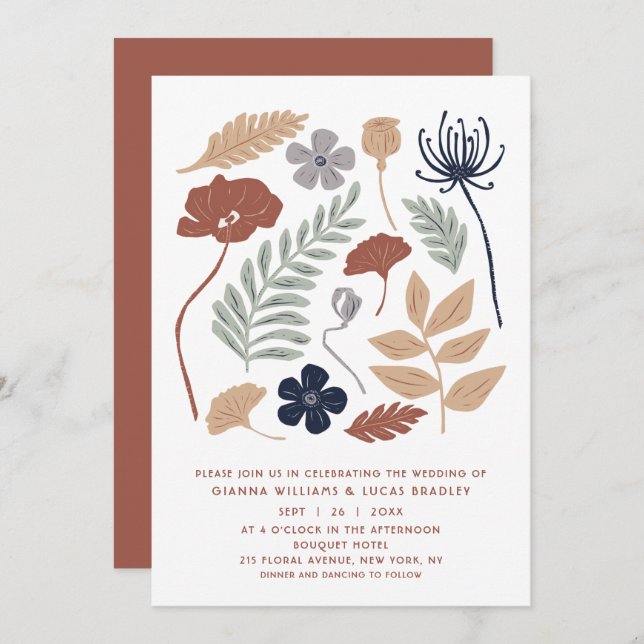 Simple Blue Redwood Flowers Floral Modern Wedding Invitation (Front/Back)