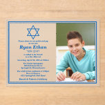 Simple Blue Star of David Photo Bar Mitzvah Acrylic Invitations<br><div class="desc">Israel flag blue Star of David Bar Mitzvah frosted acrylic invitation featuring Star of David, your son's Hebrew name, and photo of your son. The Star of David symbol can be removed in the Zazzle design tool if you wish. Simple and modern. The Israel flag blue colour throughout the design...</div>