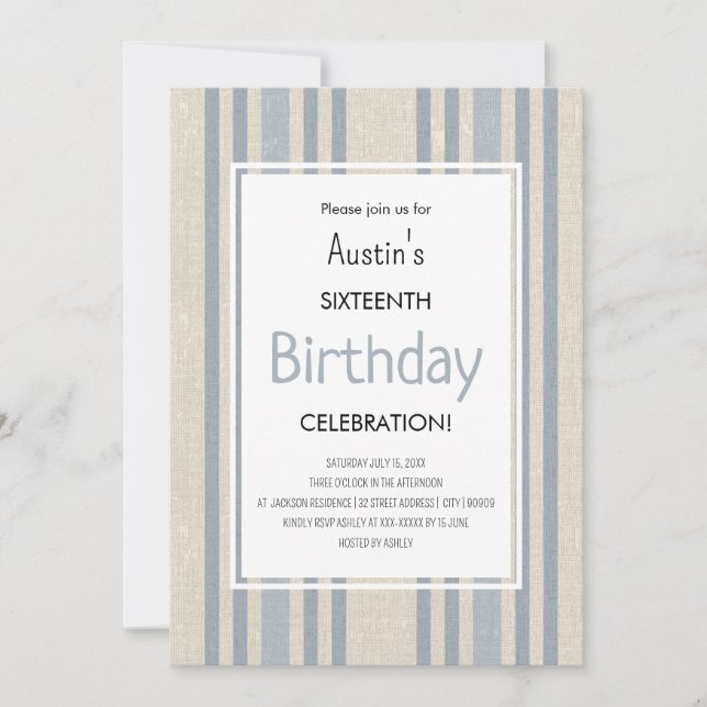 Simple Blue Striped Birthday Invitation (Front)