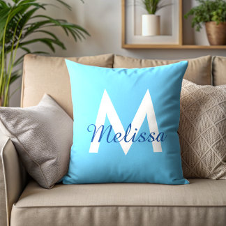 simple Blue teal modern Monogram girly Name Cushion