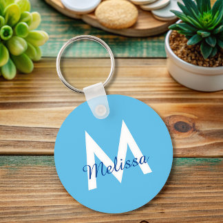 simple Blue teal modern Monogram girly Name  Key Ring