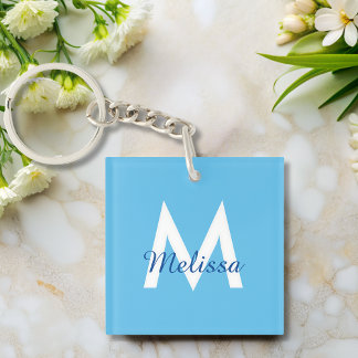 simple Blue teal modern Monogram girly Name  Key Ring