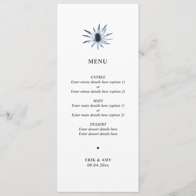 Simple Blue Thistle Floral Wedding Menu (Front)