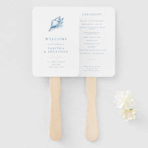 Simple Blue Vintage Seashell Wedding Program Hand Fan