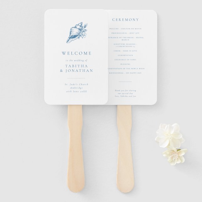 Simple Blue Vintage Seashell Wedding Program Hand Fan (Front and Back)