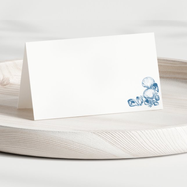 Simple Blue Vintage Seashells Wedding Folded Place Card (Creator Uploaded)