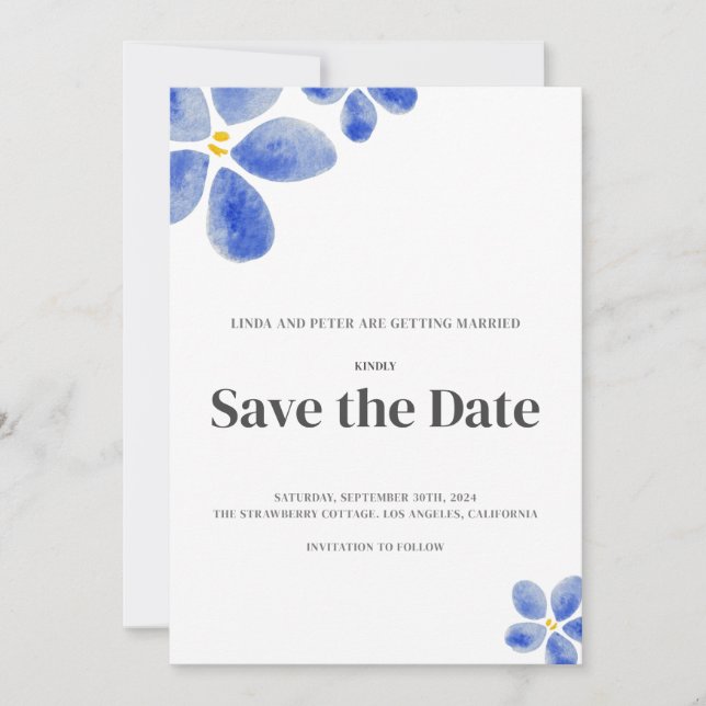 Simple Blue Watercolor Floral Wedding  Save The Date (Front)