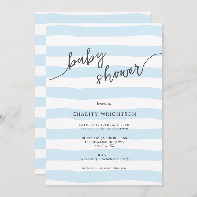 Simple Blue Watercolor Stripes Boy Baby Shower Invitation (Front/Back)