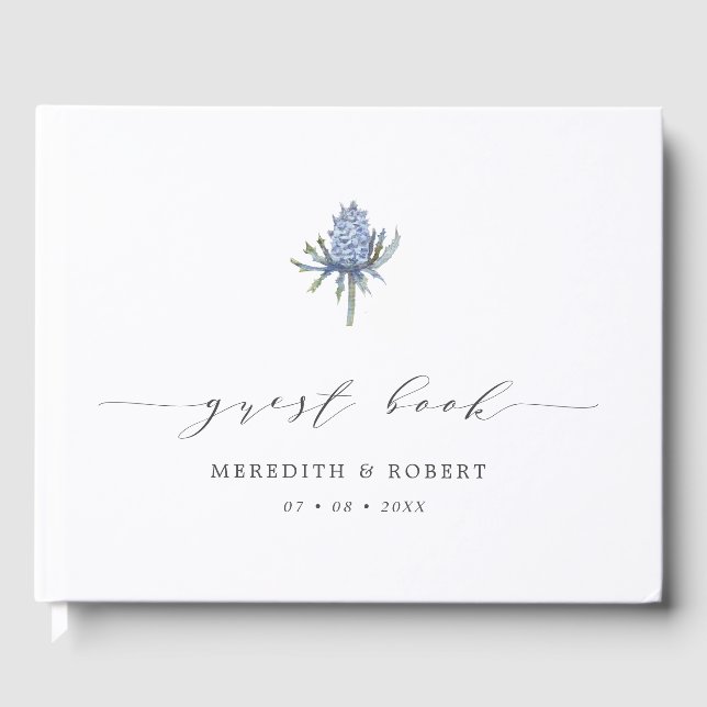 Simple Blue Watercolor Thistle Script Wedding Guest Book (Front)