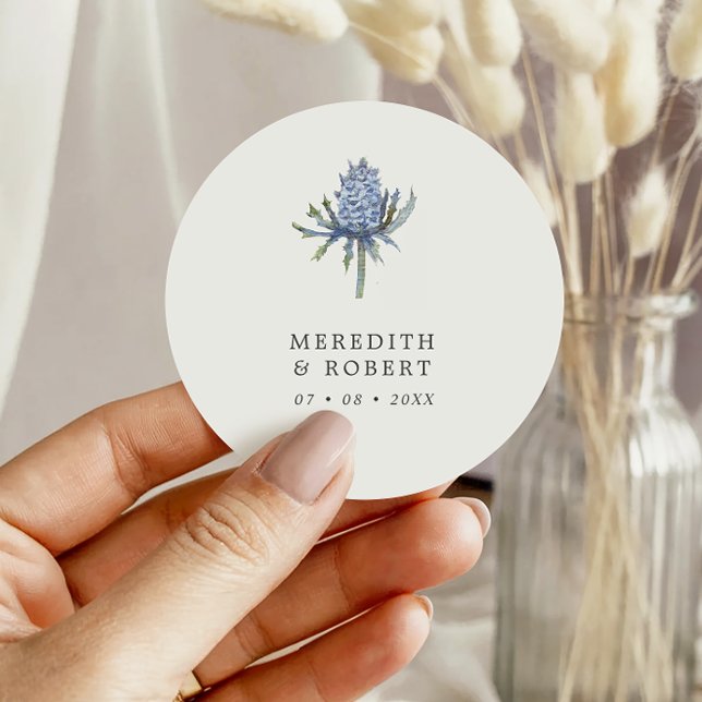 Simple Blue Watercolor Thistle Wedding Classic Round Sticker (Creator Uploaded)