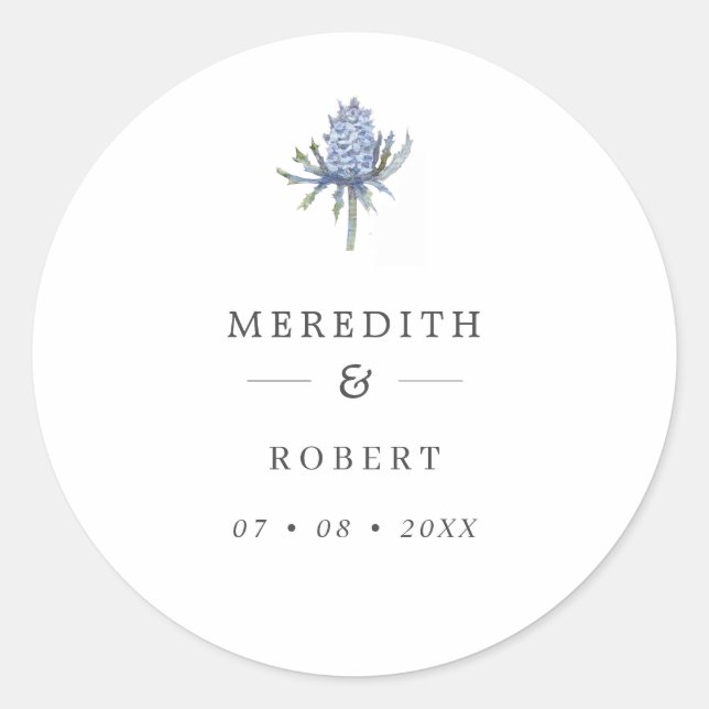 Simple Blue Watercolor Thistle Wedding Names Classic Round Sticker (Front)