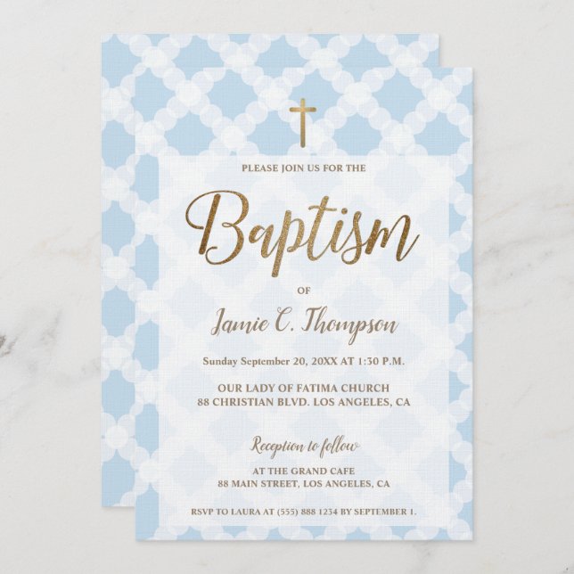 Simple Blue White Circles Gold Modern Baptism Invitation (Front/Back)