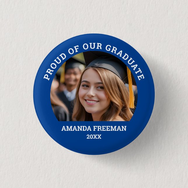 Simple Blue & White Customised Photo Graduate 3 Cm Round Badge (Front)