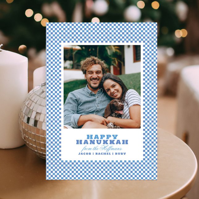 Simple Blue & White Gingham Photo Hanukkah Card (Creator Uploaded)