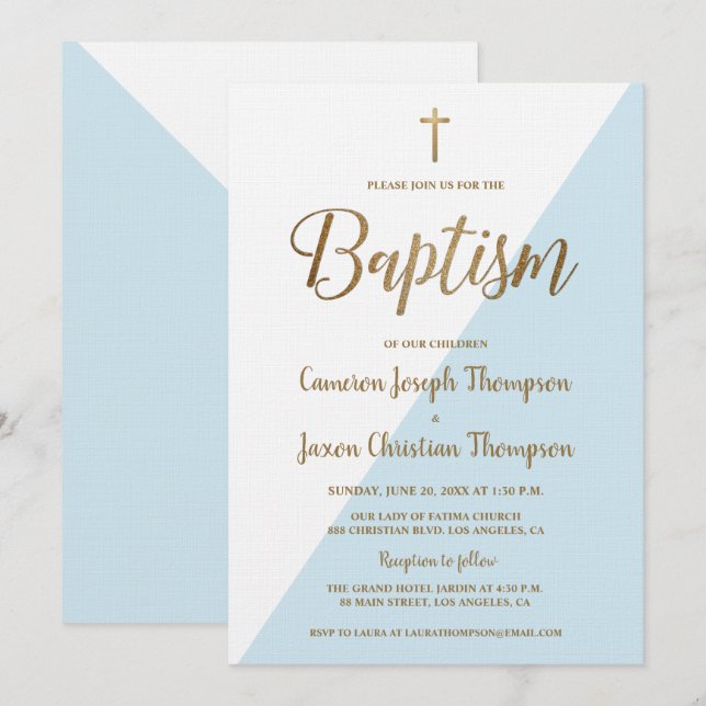 Simple Blue White Gold Modern Baptism Invitation (Front/Back)