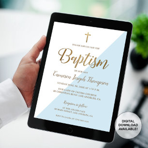 Simple Blue White Gold Modern Baptism Invitation