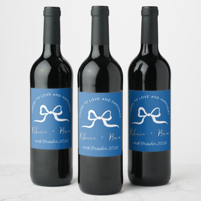 Simple Blue & White Hand Drawn Bow Sketch Wedding Wine Label (Bottles)