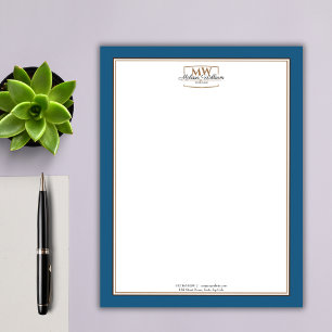 Simple Blue White Monogram Business Custom Letterhead