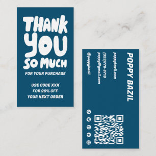 Simple Blue &White Order Thank You Social QR Code  Business Card
