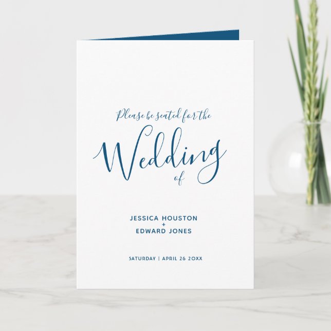 Simple blue white script wedding programs programme (Front)