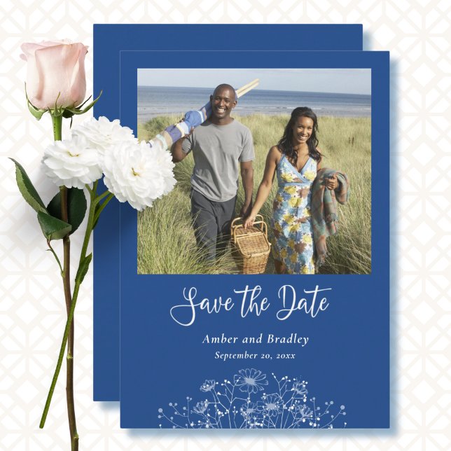 Simple Blue White Wildflower Photo QR Code Wedding Invitation (Creator Uploaded)