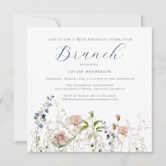 Simple Blue Wildflower 90th Birthday Brunch Invitation (Front)