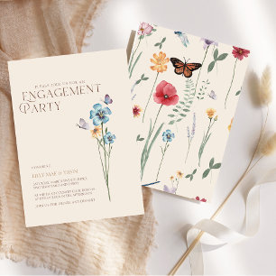 Simple Blue Wildflower Butterfly Engagement Party Invitation