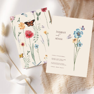Simple Blue Wildflower Butterfly Floral Wedding Invitation