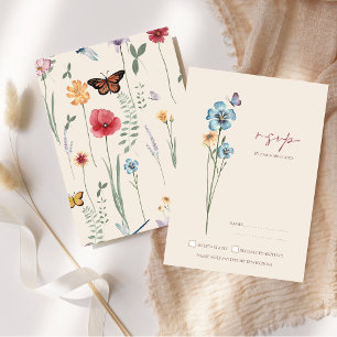 Simple Blue Wildflower Butterfly Wedding RSVP Card