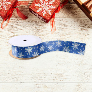 Simple Blue Winter Watercolor Snowflake Pattern Satin Ribbon