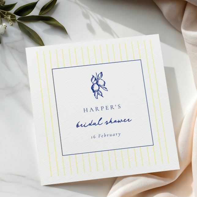 Simple Blue & Yellow Doodle Lemons Bridal Shower Napkin (Creator Uploaded)