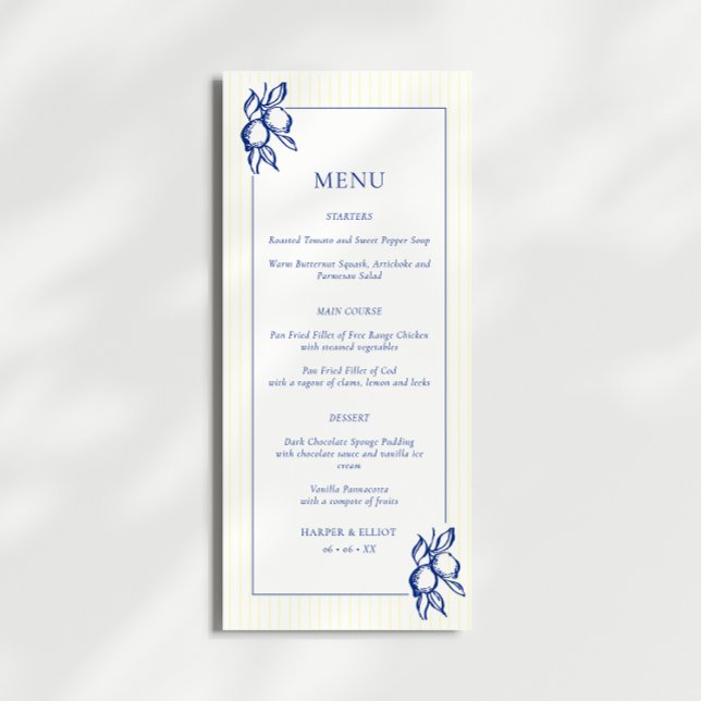 Simple Blue & Yellow Doodle Lemons Wedding Menu (Creator Uploaded)