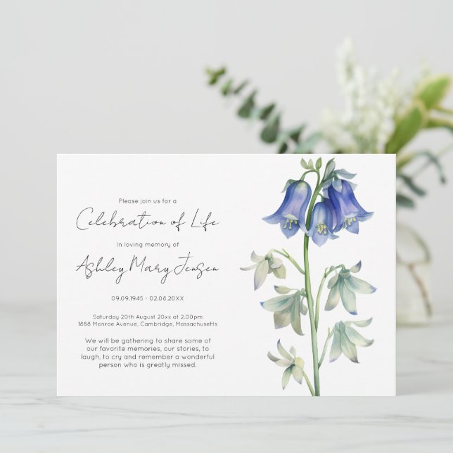 Simple Bluebell Celebration of Life Funeral Invitation (Standing Front)
