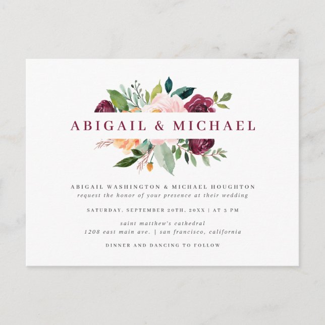 Simple Blush & Burgundy Watercolor Bouquet Wedding Invitation Postcard (Front)