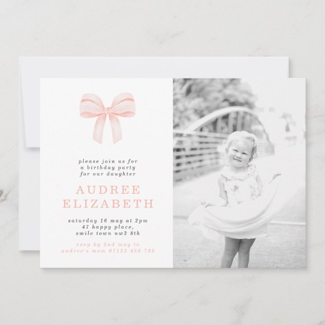 Simple Blush Coquette Bow Photo Birthday Party Invitation (Front)