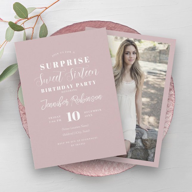 Simple Blush Dust Rose Photo SURPRISE Sweet 16   Invitation (Simple Blush Dust Rose Photo SURPRISE Sweet 16 Invitation)