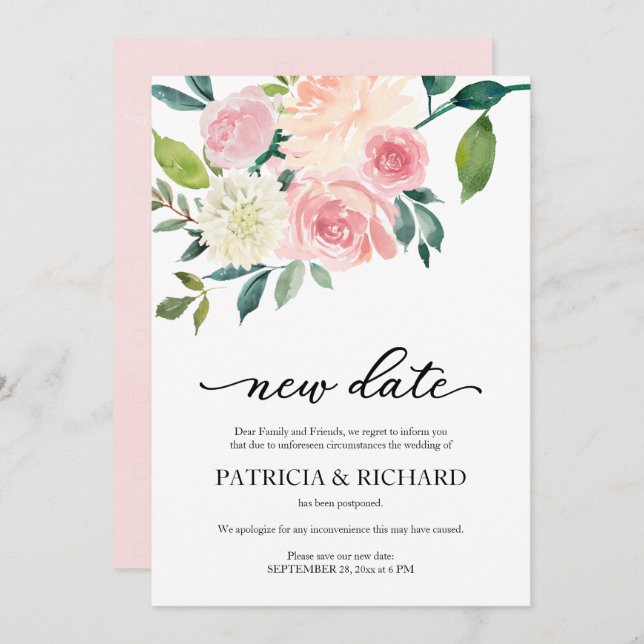 Simple Blush Floral New Date Wedding Postponement Invitation (Front/Back)