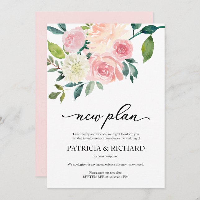 Simple Blush Floral New Plan Wedding Postponement Invitation (Front/Back)