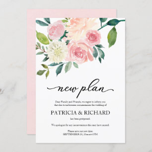 Simple Blush Floral New Plan Wedding Postponement Invitation
