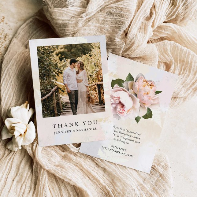 Simple Blush Flower Photo Wedding Thank You Card (Creator Uploaded)