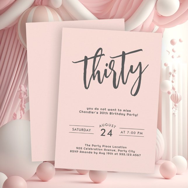 Simple Blush Pink 30th Birthday Party Invitation (Get your party started with this stylish and simple blush pink birthday party invite.)