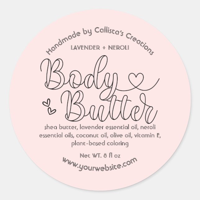 Simple Blush Pink Black Heart Handmade Body Butter Classic Round Sticker (Front)