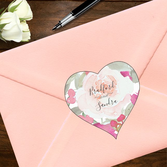 Simple Blush Pink Fushia Floral Wedding  Heart Sticker (Creator Uploaded)