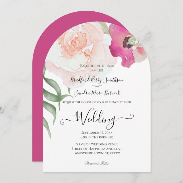 Simple Blush Pink Fushia Floral Wedding invitation (Front/Back)