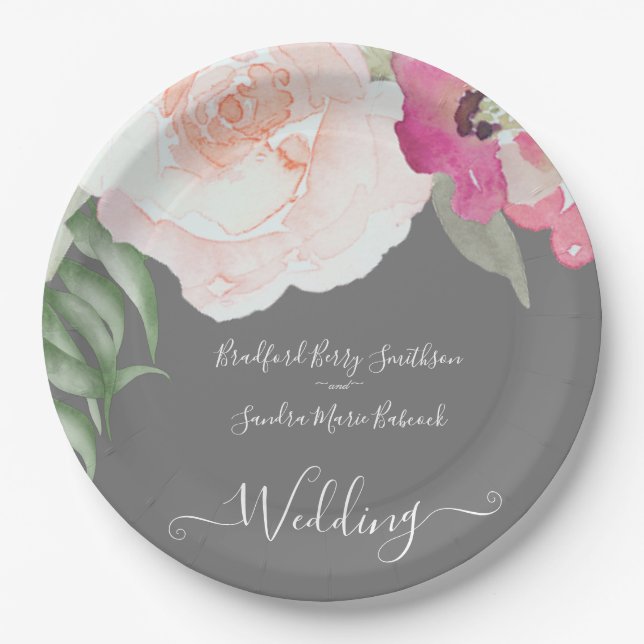 Simple Blush Pink Fushia Floral Wedding  Paper Plate (Front)