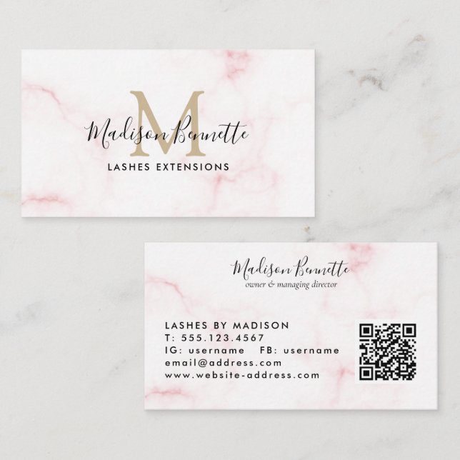 Simple Blush Pink Marble Typography Monogram Business Card (Front/Back)