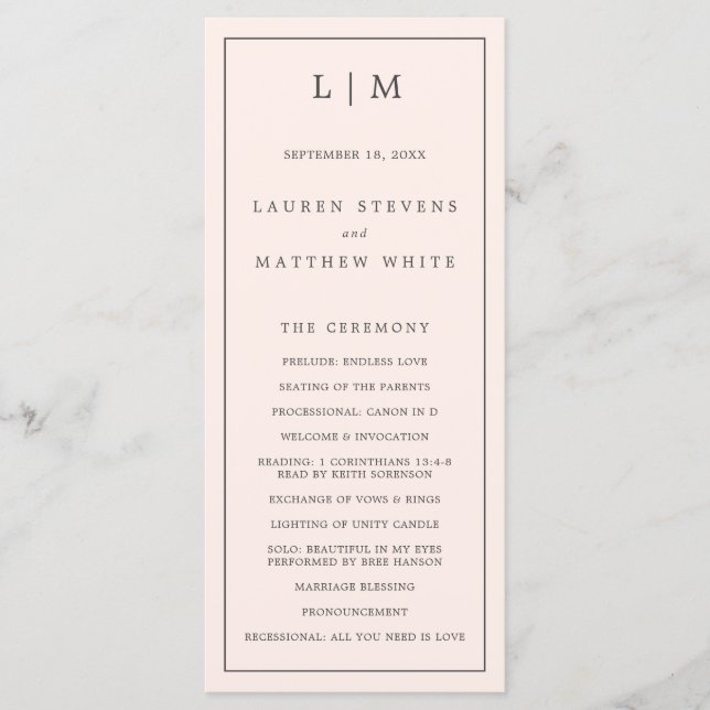 Simple Blush Pink Monogram Elegant Wedding Programme (Front)